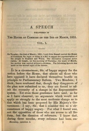 Speeches of the Right Honorable T. B. Macaulay : corrected by himself, 1