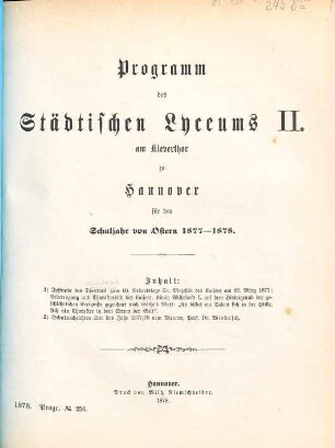 Programm des Städtischen Lyceums II. am Kleverthor zu Hannover : für das Schuljahr von Ostern ... - ..., 1877/78