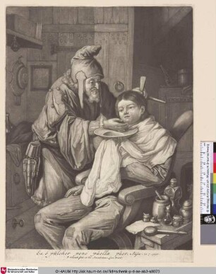 [Ein alter Mann rasiert einen sitzenden Jungen; Old man shaving seated boy]
