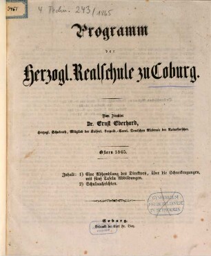 Programm der Herzoglichen Realschule (Ernestinum) zu Coburg : als Einladung zu der öffentlichen Prüfung und Schlußfeier am ..., 1865