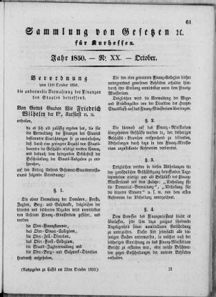 Sammlung von Gesetzen ec. für Kurhessen. Jahr 1850. - Nr. XX. - October.