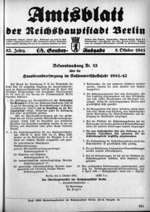 68. Sonderausgabe, 8. Oktober 1941