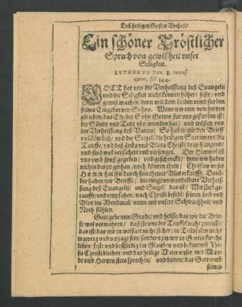 Ein schöner Tröstlicher Spruch von gewißheit unser Seligkeit.