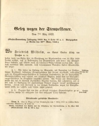 Gesetz wegen der Stempelsteuer. Vom 7ten März 1822