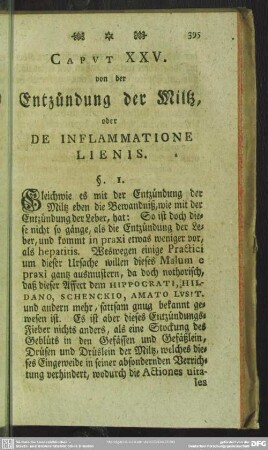 Caput XXV. von der Entzündung der Miltz, oder De Inflammatione Lienis