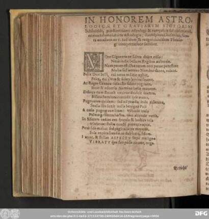 In Honorem Astrologicae Et Gratiarum Victorini Schönfeldt, praestantissimi Astrologi & compatris sui observandi, contra calumniatores Astrologiae; Rudolphus Goclenius, sumta occasione ex 5. Iudicium & magni cuiusdam Theologi interpretatione faciebat.