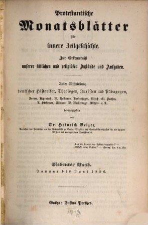 Protestantische Monatsblätter für innere Zeitgeschichte : Studien d. Gegenwart für d. evangelischen Länder deutscher Zunge, 7. 1856