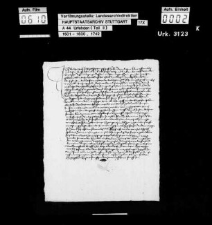 Balthas Stöb zu Pleidelsheim wegen einiger Vergehen beim Bauernaufruhr zu Verlassen des Amts Marbach verurteilt, jedoch auf Fürbitten des Junkers Jakob von Bernhausen gegen eine Geldstrafe von 4 fl begnadigt, schwört U. und verspricht, fortan keine Wehr außer einem abgebrochenen Brotmesser zu tragen, offene Zechen zu meiden und an keinem Aufruhr mehr teilzunehmen.
