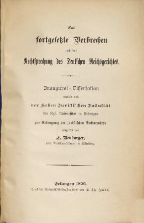 Das fortgesetzte Verbrechen nach der Rechtsprechung des Deutschen Reichsgerichtes