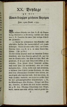 XX. Beylage zu den Neuen Leipziger gelehrten Anzeigen. Zum 15ten Octob. 1795.