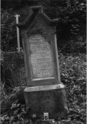 Grabstein 6 (Index: 100079819) Material: Sandstein Zustand: abgeblättert und verwittert mit Textverlust Maße HxBxT: 165x45x23 cm Beschreibung: Stele, Sockel, eingezogener giebelartiger Abschluß, rechteckig erhöht, Schriftfeld eingetieft: Grabstein 6