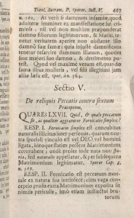 Sectio V. De reliquis Peccatis contra sextum Praeceptum.