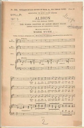 Albion : trio for female voices [with piano ad lib.] ; the words written by Sarah Grant Franz ; (German translation by Margarethe Philipp) ; op. 46
