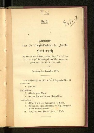 Nr. 5.1917: Nachrichten über die Kriegsteilnehmer der Familie Lutteroth : auf Grund von Briefen, welche Frau Mathilde Lutteroth, geb. Lutteroth gesammelt hat