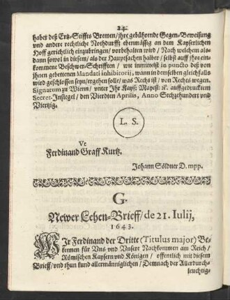 G. Newer Lehen-Brieff/ de 21. Julij, 1643.