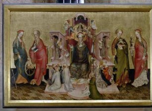 Thronender heiliger Nikolaus mit Heiligen und betenden Männern und Frauen