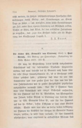 714-716 [Rezension] Bernardus Claraevallensis, Die Lieder Sankt Bernard's von Clairvaux