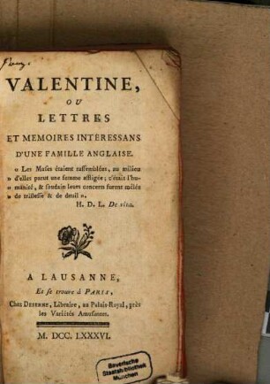 Valentine, ou lettres et mémoires intéressans d'un famille anglaise