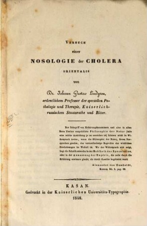 Versuch einer Nosologie der Cholera orientalis : blos Titel u. Vorrede