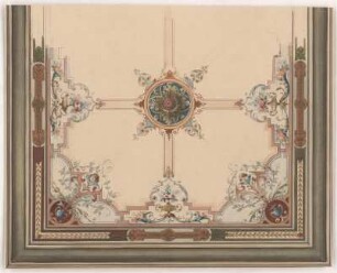 Dresden, Rittergut Altfranken, Deckengestaltung, Entwurf : Dresden, Rittergut Altfranken, Entwurf zur Gestaltung einer Decke, unbekannter Zeichner, 2. Hälfte 19. Jh. Feder, Graphit, Pinsel in Wasserfarbe/Papier. 25,5 x 31,7 cm.