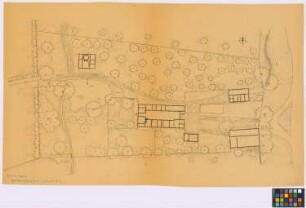 Sülsdorf (Kreis Schönberg): Hof Wiencke. Lageplan mit. - [Backhaus] (Grundriss). - Teich (Aufsicht). - [Haupthaus] (Grundriss). - [Scheune] (Grundriss). - [zwei weitere Ställe] (zwei Grundriss)