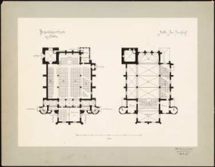 Bugenhagenkirche, Stettin: 2 Grundrisse mit Bestuhlung bzw. Gewölbeprojektion 1:200