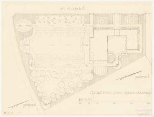 Garten Schmidt-Branden, Berlin-Dahlem: Garten im Grundriss mit Reinzeichnung des nördlichen Gartenabschnitts und Erweiterung des Wohnhauses 1:200, Maßstabsleiste, Zahlennotizen