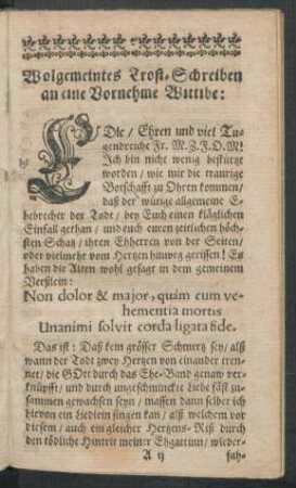 Wolgemeintes Trost-Schreiben an eine Vornehme Wittibe:
