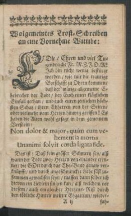 Wolgemeintes Trost-Schreiben an eine Vornehme Wittibe: