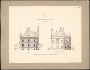 Kreisständehaus, Kreuznach: Seitenansicht, Querschnitt durch den Saalbau 1:200