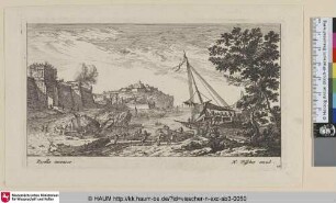 [Ein Hafen, mit Stadttor links; A port, town-gate on the left]