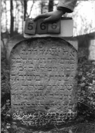 Grabstein 566 (Index: 100115346) Material: Sandstein Zustand: verwittert mit Textverlust Maße HxBxT: 70x50x13 cm Beschreibung: Stele mit Rundbogenabschluß: Grabstein 566