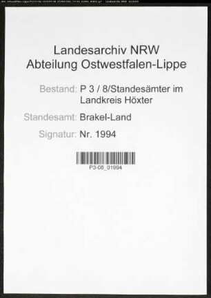 Sterberegister Standesamt Brakel-Land