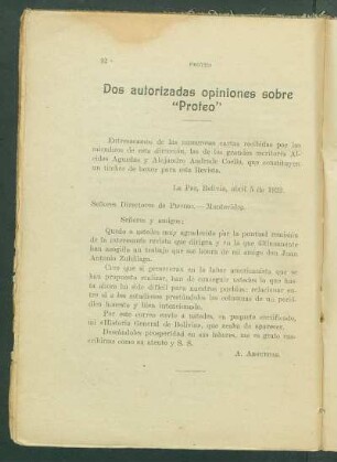 Dos autorizadas opiniones sobre "Proteo"
