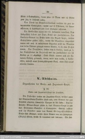 V. Abschnitt. Organisation der Genie= und Ingenieurs=Corps