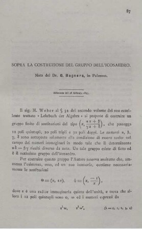 Sopra la costruzione del gruppo dell´icosaedro.