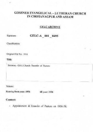 Secretary G.E.L. Church Transfer of Pastors