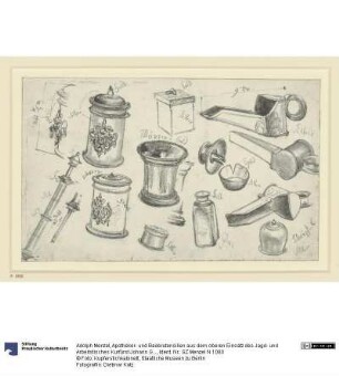 Apotheker- und Baderutensilien aus dem oberen Einsatz des Jagd- und Arbeitstisches Kurfürst Johann Georgs I. von Sachsen, Historisches Museum, Dresden