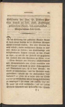Erklärung des Hrn. D. Bickers über seinen beyden an Hrn. Hofr. Baldinger geschriebenen Briefe, den animalischen Magnetismus betreffend