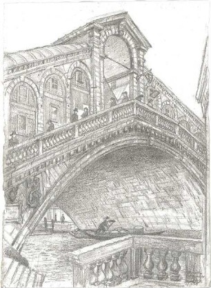 Wach, Hugo; Venedig (Italien); "Zeichnerisches Porträt der Lagunenstadt" bzw. "ein architektonisches Porträt in Lithographien" Vorzeichnungen - Ponte di Rialto, dt. Rialtobrücke (Perspektive)