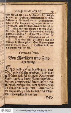 Titulus VIII. Von Marschen und Zug-Ordnung