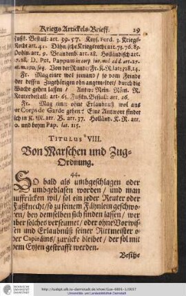 Titulus VIII. Von Marschen und Zug-Ordnung