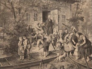 Schulschluss im Spreewald, sepiafarben