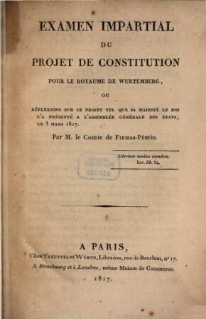 Examen impartial du Projet de Constitution pour le Royaume de Würtemberg