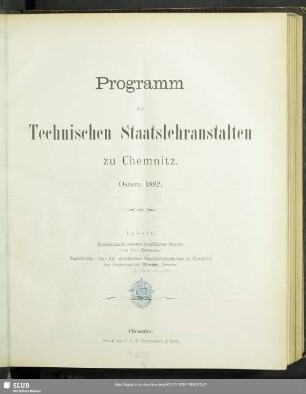 1882: Programm der Technischen Staatslehranstalten zu Chemnitz