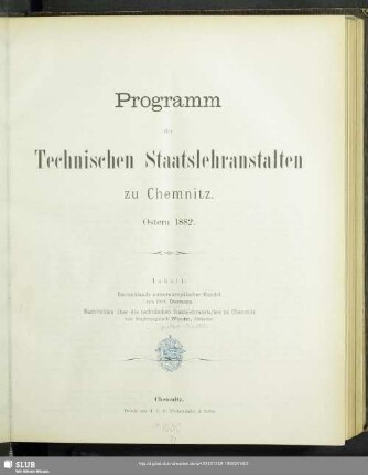 1882: Programm der Technischen Staatslehranstalten zu Chemnitz