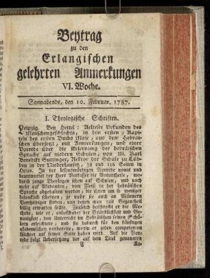 VI. Woche. Sonnabends, den 10. Februar. 1787.