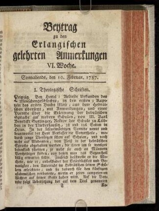 VI. Woche. Sonnabends, den 10. Februar. 1787.
