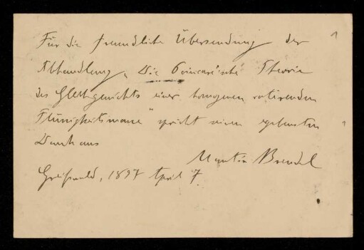 Nr. 1 Postkarte von Martin Brendel an Karl Schwarzschild. Greifswald, 7.4.1897