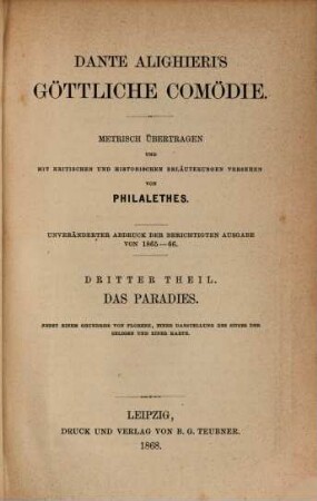 Dante Alighieri's Göttliche Comödie, 3. Das Paradies : nebst einem Grundriss von Florenz, einer Darstellung des Sitzes der Seligen und einer Karte